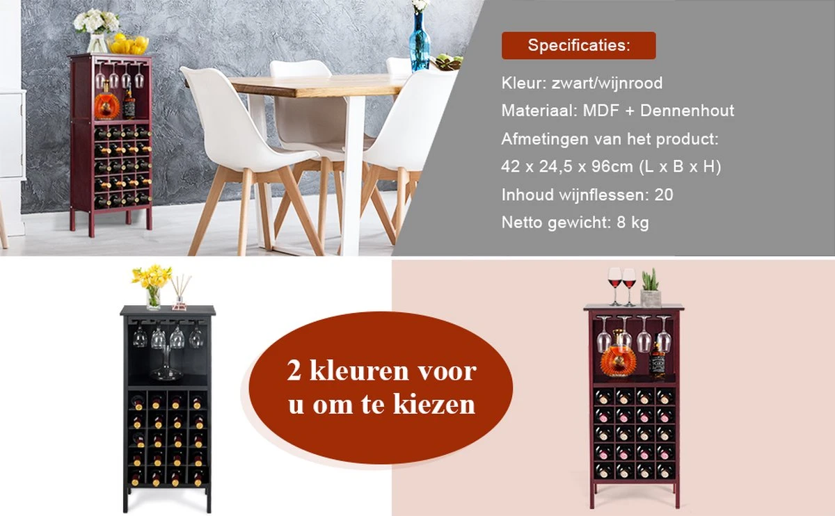 LUXGOODS Wijnkast Voor 20 Flessen, Wijnrek, Wijn Fles Organisator Opslag Plank Weergeven Houten Wijnrek Met Glas Hanger En Fles Houder (Zwart) 7 LUXGOODS Wijnkast Voor 20 Flessen, Wijnrek, Wijn Fles Organisator Opslag Plank Weergeven Houten Wijnrek Met Glas Hanger En Fles Houder (Zwart) - Afbeelding 7