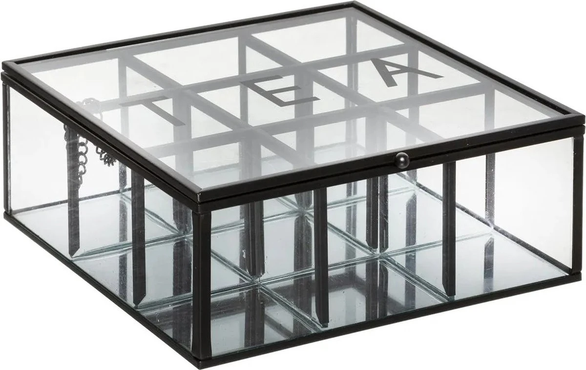 Theedoos/theekist Industrieel Zwart 9-vaks 18,5 X 17,5 Cm Van Glas/metaal - Theezakjes Doos/kist 1 Theedoos/theekist Industrieel Zwart 9-vaks 18,5 X 17,5 Cm Van Glas/metaal - Theezakjes Doos/kist