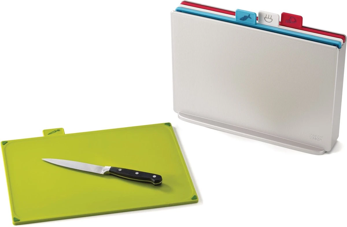 Joseph Joseph Index Large Snijplankenset - Incl. Houder - 34 X 24 Cm - 4 Stuks - Zilverkleurig 2 Joseph Joseph Index Large Snijplankenset - Incl. Houder - 34 X 24 Cm - 4 Stuks - Zilverkleurig - Afbeelding 2