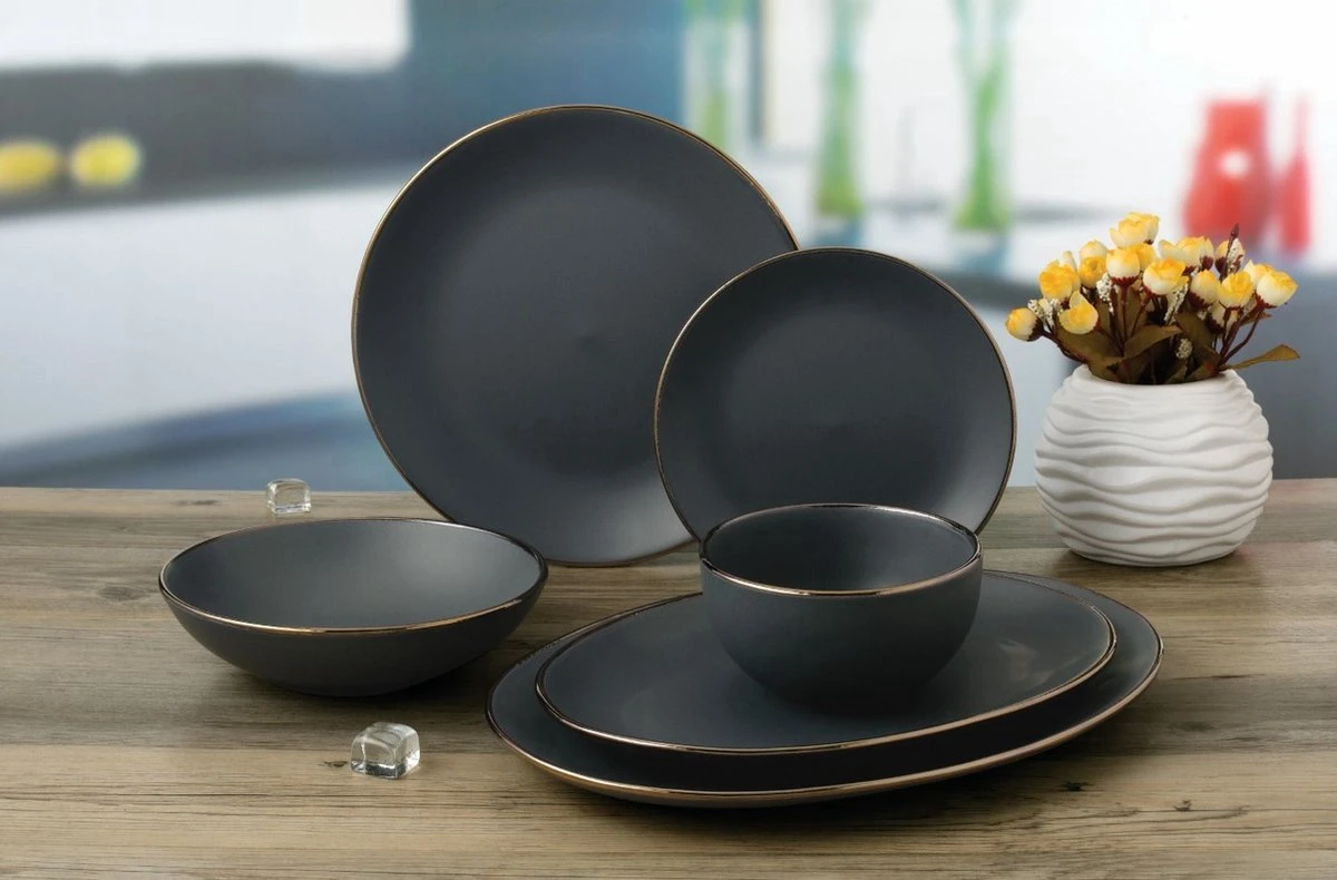 Merkloos Sweet Set Servies Set 26 Delig - Antraciet Met Gouden Rand 1 Merkloos Sweet Set Servies Set 26 Delig - Antraciet Met Gouden Rand