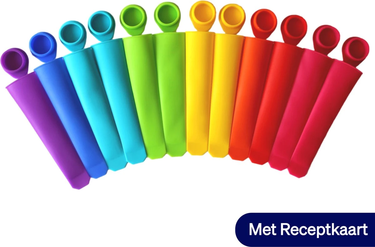 Siliconen IJslolly Vormpjes (12 Stuks) - IJsvormpjes - XL - Extra Kleuren - IJs Maken - Vaatwasser Bestendig - BPA Vrij - Met Receptkaart 1 Siliconen IJslolly Vormpjes (12 Stuks) - IJsvormpjes - XL - Extra Kleuren - IJs Maken - Vaatwasser Bestendig - BPA Vrij - Met Receptkaart