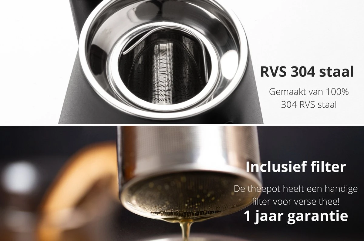 VDN RVS Theepot Dubbelwandig Met Filter - Zwarte Theekan 1 Liter - 902 5 VDN RVS Theepot Dubbelwandig Met Filter - Zwarte Theekan 1 Liter - 902 - Afbeelding 5