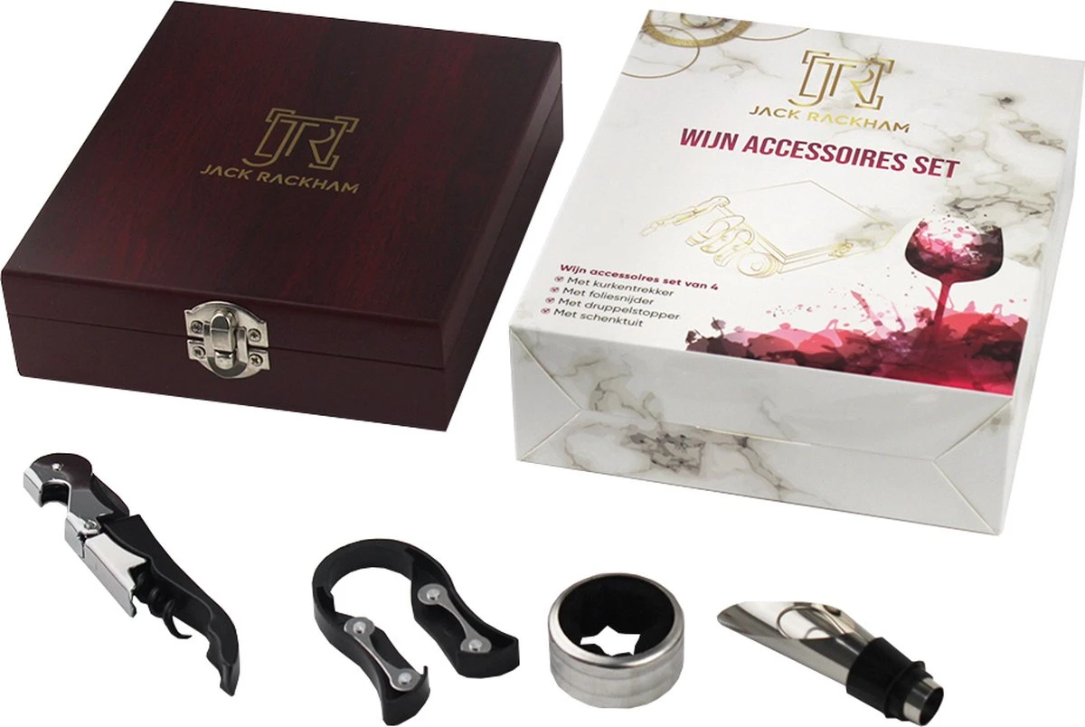 Wijnset - Wijn Accessoires - Geschenkset - Kurkentrekker - Druppelstopper - Wijnopener - Foliesnijder - Jack Rackham 1 Wijnset - Wijn Accessoires - Geschenkset - Kurkentrekker - Druppelstopper - Wijnopener - Foliesnijder - Jack Rackham