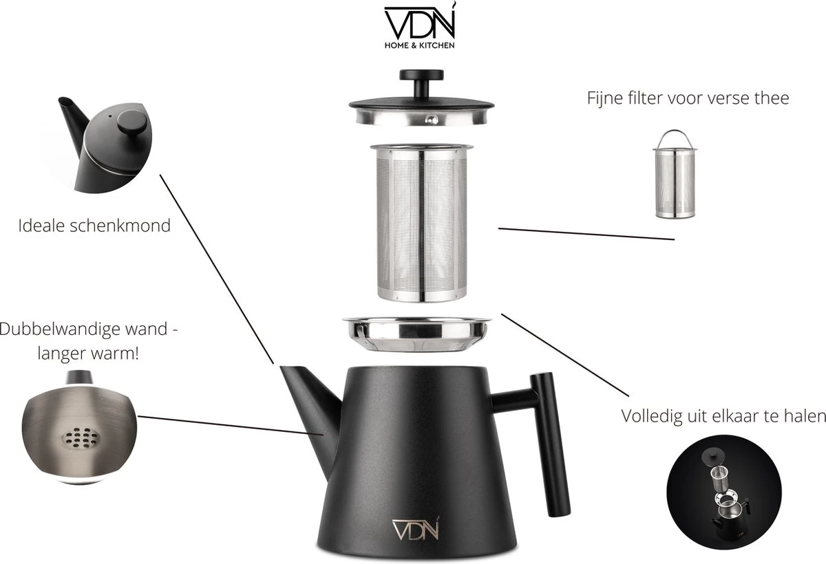 VDN RVS Theepot Dubbelwandig Met Filter - Zwarte Theekan 1 Liter - 902 6 VDN RVS Theepot Dubbelwandig Met Filter - Zwarte Theekan 1 Liter - 902 - Afbeelding 6