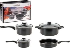 Redcliffs 4-delige Pannenset - Met 3 Glazen Deksels - Anti-Aanbaklaag - Camping/ Kamperen - Steelpannen, Hapjespan, Kookpan