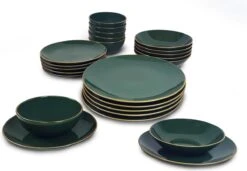 Keremika Serviesset 24 Delig 6 Persoons - Bordenset - Dinerborden - Aardewerk - Groen Met Goude Randen