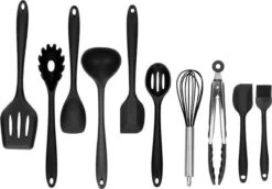 Merkloos 10 DELIG Siliconenkeuken Set | Kookgerei Anti Aanbak | 1x Bakspaan + 1x Spaghettilepel +1x Opscheplepel +1x Soeplepel +1x Grote Pannenlikker + 1x Schuimspaan + 1x Garde + 1x Saladetang/BBQ Tang + 1x Kleine Pannenlikker + 1x Insmeerborstel -Kookgerei Koning Verkoop 1200x836 3