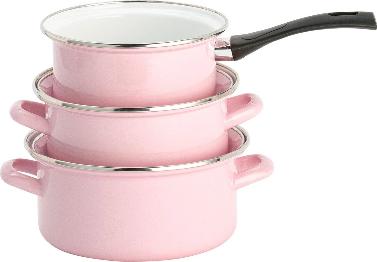 Lite-Body Pannenset - 3-delig - 2 Kookpannen & 1 Steelpan - Emaille - Serafijn Roze 4 Lite-Body Pannenset - 3-delig - 2 Kookpannen & 1 Steelpan - Emaille - Serafijn Roze - Afbeelding 4