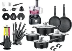 Swiss Pro+ - SWP41D22 - Pannenset 41 Delig - Foodprocessor - Messenblok 8 Delig - Kookgerei Set Met Houder 7 Delig - Starters Pakket - 2022 Serie - Limited Edition -uitzet