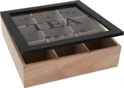 Merkloos Theekist - Bruin - Hout 9-Vaks - Glazen Deksel - Theedoos - Tea Break