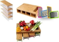 TammaT® Snijplank Hout - Met Opvangbakken - Bamboe Snijplank - Met Rasp - Stapelbaar Voorraadbakjes - Keuken Accessoires - Groentesnijder - Snijplank Hout - BBQ -Kookgerei Koning Verkoop 1200x862 9