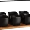 Mica Decorations - Luxe Tapas Set - 6 Zwarte Tapas Schaaltjes Op Houten Tapasplank - Servies - Borrelplank Olijfhout