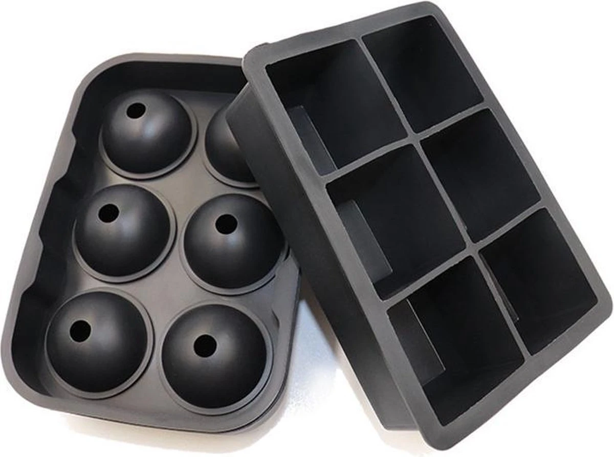 Luxe IJsblokvormen - Set Van 2 - 6 Grote Ronde Ijsballen En 6 Vierkante Ijsblokken - Voedselveilig Siliconen - Zwart 2 Luxe IJsblokvormen - Set Van 2 - 6 Grote Ronde Ijsballen En 6 Vierkante Ijsblokken - Voedselveilig Siliconen - Zwart - Afbeelding 2