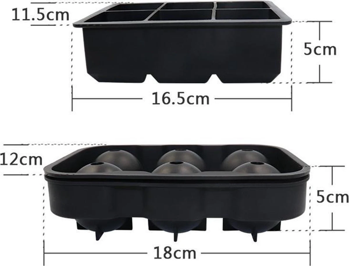 Luxe IJsblokvormen - Set Van 2 - 6 Grote Ronde Ijsballen En 6 Vierkante Ijsblokken - Voedselveilig Siliconen - Zwart 6 Luxe IJsblokvormen - Set Van 2 - 6 Grote Ronde Ijsballen En 6 Vierkante Ijsblokken - Voedselveilig Siliconen - Zwart - Afbeelding 6