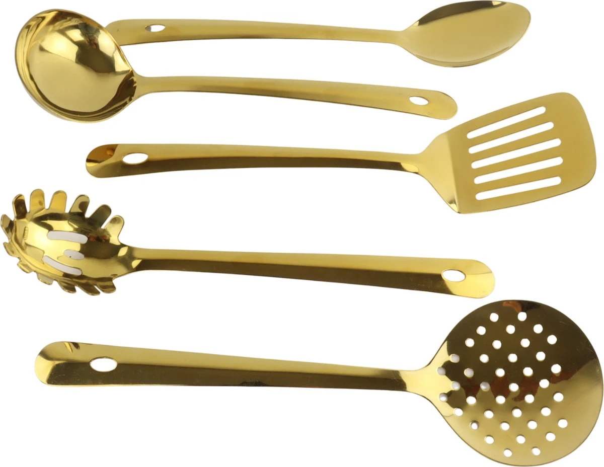 Orange85 Keukengerei Set - 5-delig - Goud - Schuimspaan - Spaghettilepel - Soeplepel - Spatel - Opscheplepel 1 Orange85 Keukengerei Set - 5-delig - Goud - Schuimspaan - Spaghettilepel - Soeplepel - Spatel - Opscheplepel