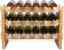 KitchenBrothers Bamboe Wijnrek Voor 18 Flessen - 3 Delig Stapelbaar Bamboo Flessenrek - 58,5 X 28,5 X 40,5cm - Blank Hout