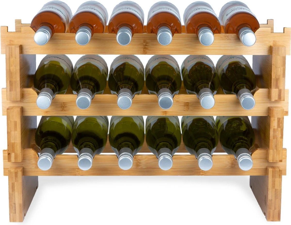 KitchenBrothers Bamboe Wijnrek Voor 18 Flessen - 3 Delig Stapelbaar Bamboo Flessenrek - 58,5 X 28,5 X 40,5cm - Blank Hout 1 KitchenBrothers Bamboe Wijnrek Voor 18 Flessen - 3 Delig Stapelbaar Bamboo Flessenrek - 58,5 X 28,5 X 40,5cm - Blank Hout