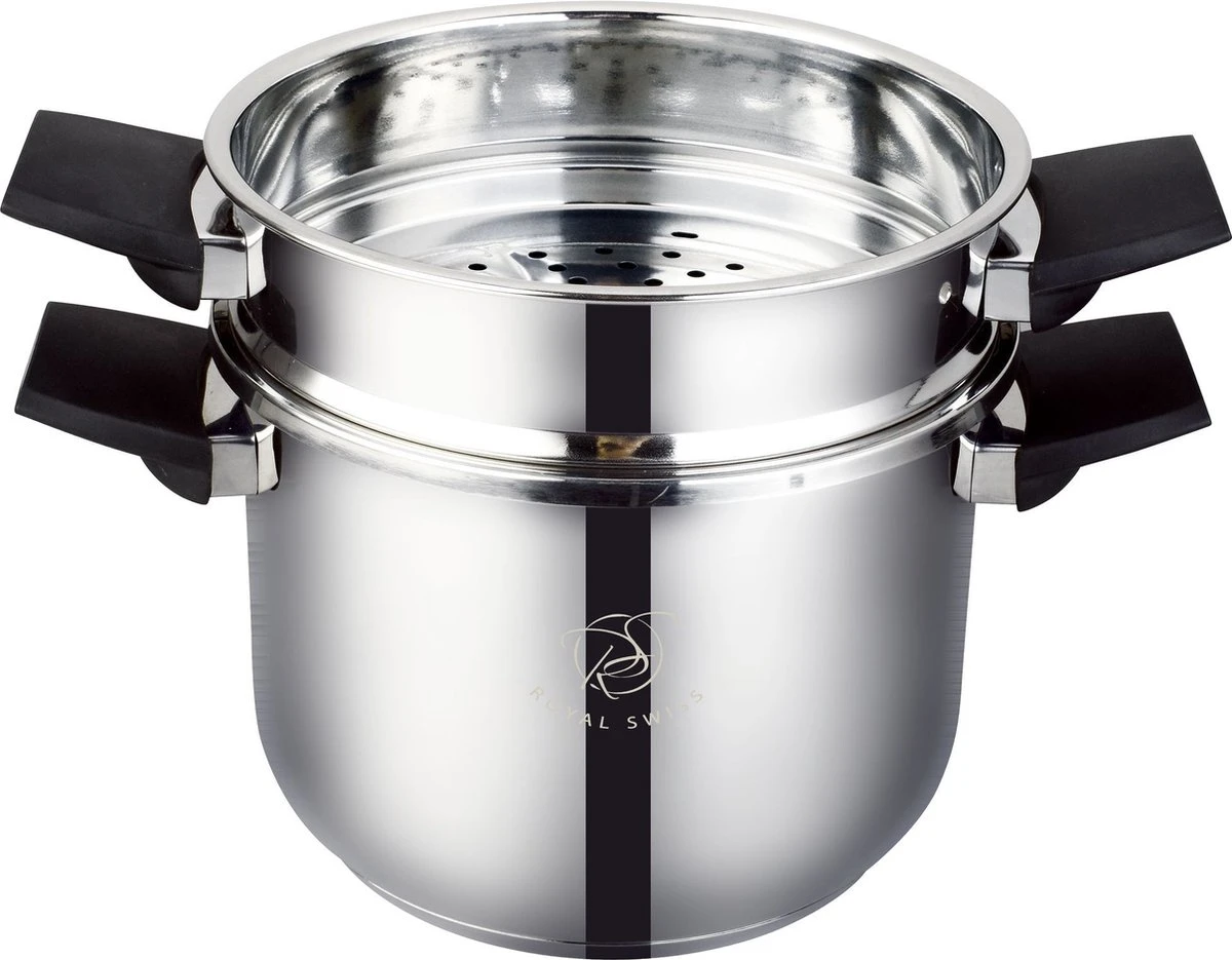 Royal Swiss Snelkookpan / Couscous Pan - 2 In 1 - 10 Liter - Ø 26 Cm - RVS - Inductie - Automatische Sluiting 4 Royal Swiss Snelkookpan / Couscous Pan - 2 In 1 - 10 Liter - Ø 26 Cm - RVS - Inductie - Automatische Sluiting - Afbeelding 4