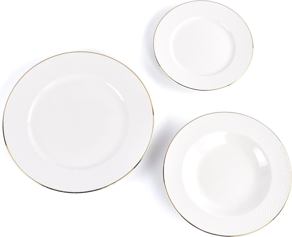 LeRijn® Serviesset Deventer 6 Persoons - 18 Delig - Licht Crème Wit Met Gouden Rand En Motief - Dinerborden - Soepborden - Dessertborden - Borden Servies - Bordenset 7 LeRijn® Serviesset Deventer 6 Persoons - 18 Delig - Licht Crème Wit Met Gouden Rand En Motief - Dinerborden - Soepborden - Dessertborden - Borden Servies - Bordenset - Afbeelding 7