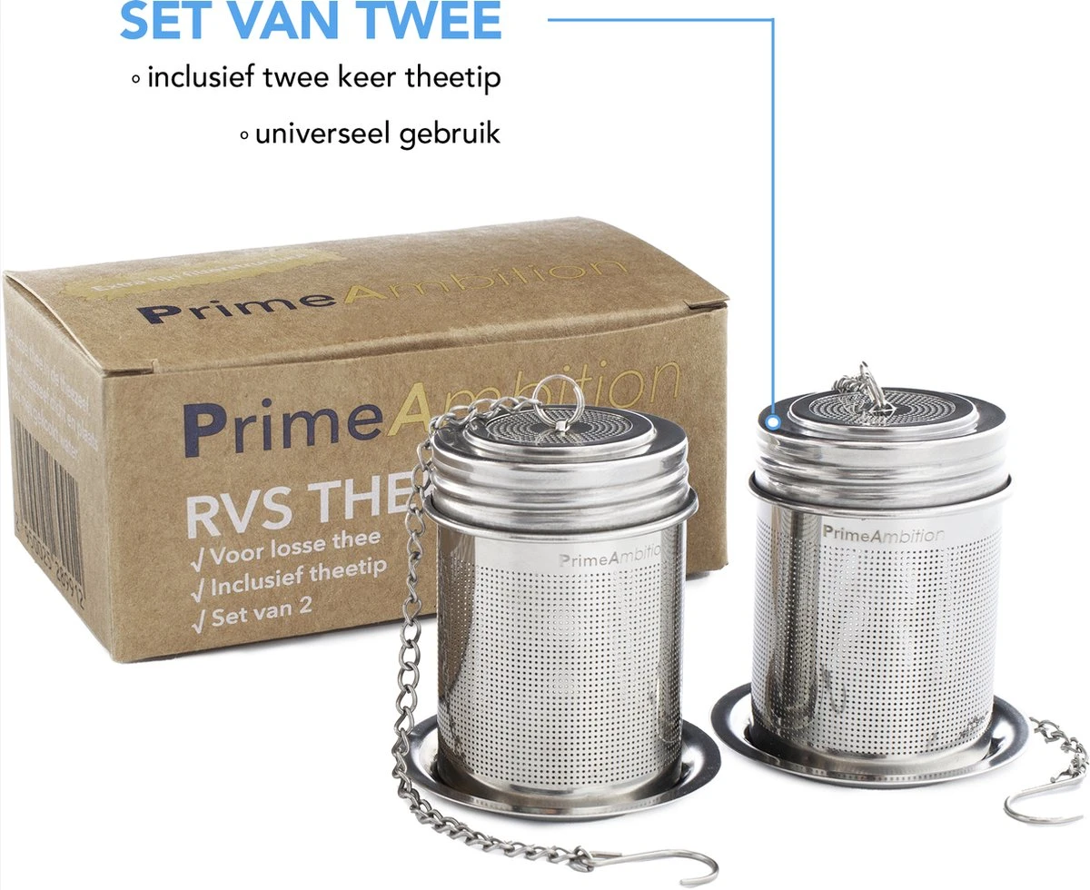 PrimeAmbition - 2 Stuks Theezeef En Theetip Voor Losse Thee - Extra Fijne Filter - Thee Ei Set Met Schoteltje Voor Theezakjes 6 PrimeAmbition - 2 Stuks Theezeef En Theetip Voor Losse Thee - Extra Fijne Filter - Thee Ei Set Met Schoteltje Voor Theezakjes - Afbeelding 6