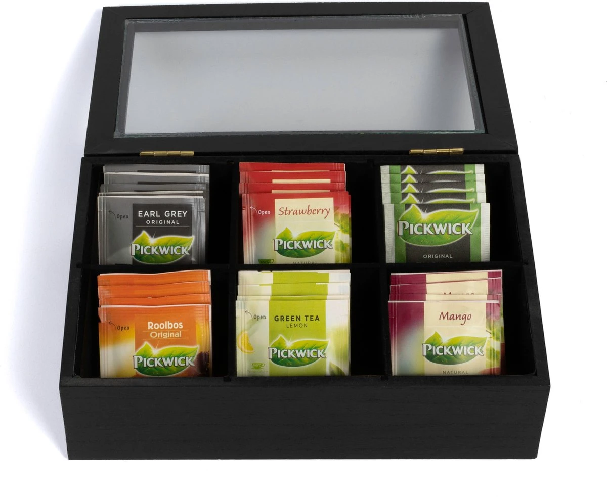 CasaLupo Theedoos Zwart 6-vaks - Met Fluweel - 24 X 16 Cm 3 CasaLupo Theedoos Zwart 6-vaks - Met Fluweel - 24 X 16 Cm - Afbeelding 3