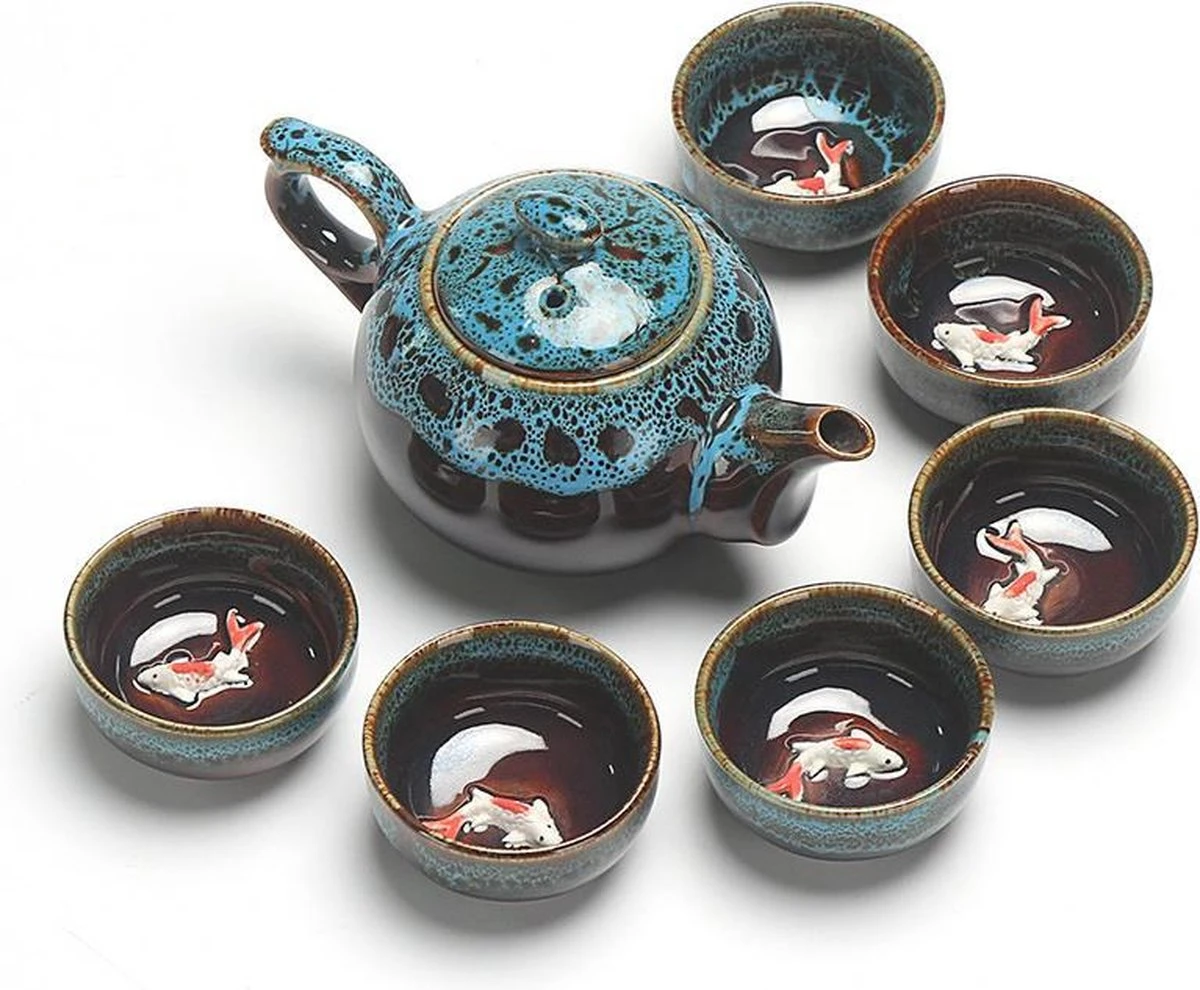 Merkloos Chinese Kung Fu Theeset Keramiek - Theepot Met 6 Kopjes - Koi Karper Design - Blauw 1 Merkloos Chinese Kung Fu Theeset Keramiek - Theepot Met 6 Kopjes - Koi Karper Design - Blauw