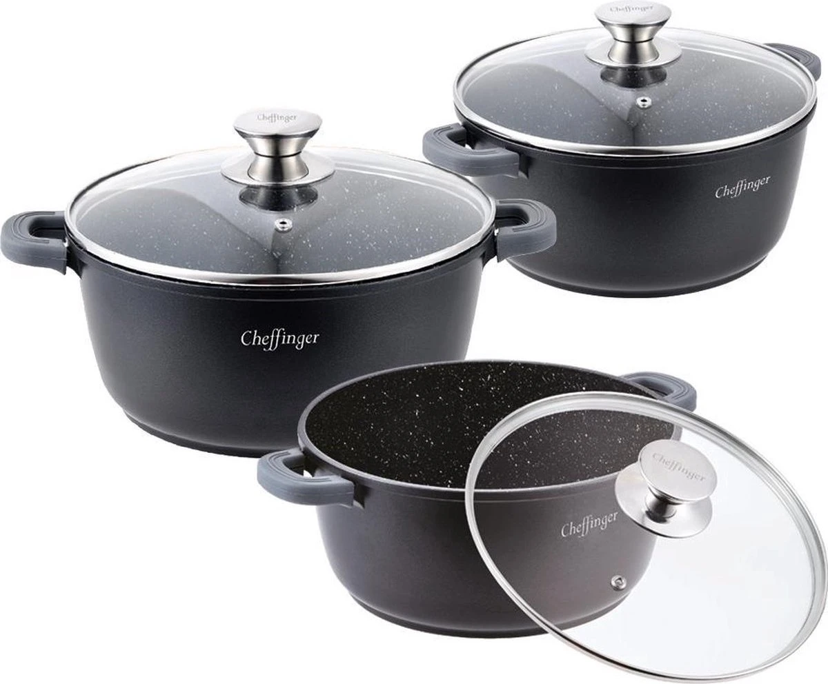 Cheffinger Pannenset 6-delig - Inductie - Met Deksels - Zwart - Koudgrepen - Ø20, 24 & 28 Cm 1 Cheffinger Pannenset 6-delig - Inductie - Met Deksels - Zwart - Koudgrepen - Ø20, 24 & 28 Cm