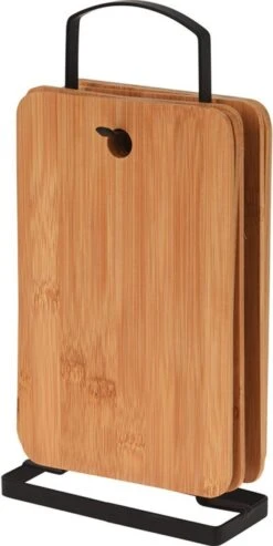 Luxe Snijplankenset Met Houder Van In Round – 4 Snijplanken – Houten Snijplank Rechthoek – Zwart Metalen Houder – Bamboe Hout – Serveerplank Hakblok Broodplank – Ontbijtplankjes Set – Cutting / Chopping Board – Keukengerei – Snijplankje – Borrelplank