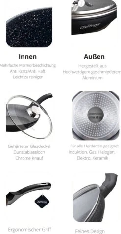 Cheffinger Koekenpan - Met Deksel - Marmeren Coating - 26 Cm - Zwart -Kookgerei Koning Verkoop 623x1200