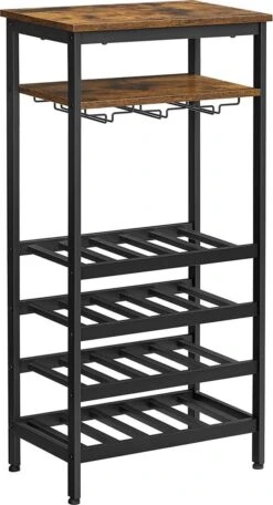 Wijnrek, Flessenrek, Voor 20 Flessen, Met Glashouder, Voor Kelder, Keuken, Eetkamer, Industriële Stijl, 50 X 32 X 100 Cm, Bruin-zwart