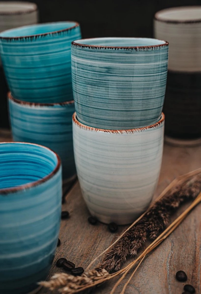 Koffiemok - Blue - 6 Stuks - Aardewerk - 340 ML - Zonder Oor 3 Koffiemok - Blue - 6 Stuks - Aardewerk - 340 ML - Zonder Oor - Afbeelding 3