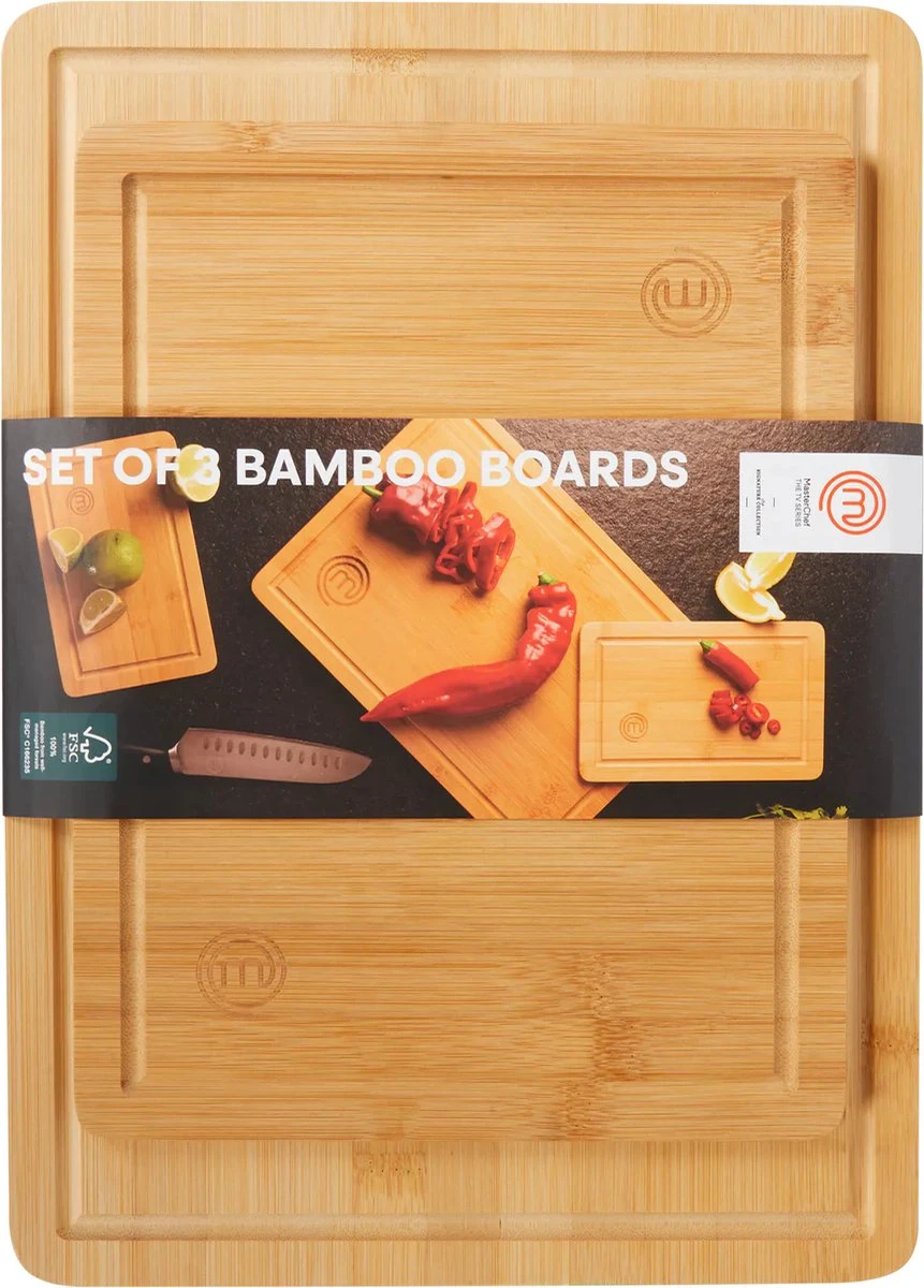 Set Snijplanken Masterchef - 3 Delig + 3 Delig Messenset - Bamboo Luxe Design - Duurzaam Hout - Keuken - Wonen - Cadeau Chef - Kook Gadget - Paas Cadeau 1 Set Snijplanken Masterchef - 3 Delig + 3 Delig Messenset - Bamboo Luxe Design - Duurzaam Hout - Keuken - Wonen - Cadeau Chef - Kook Gadget - Paas Cadeau