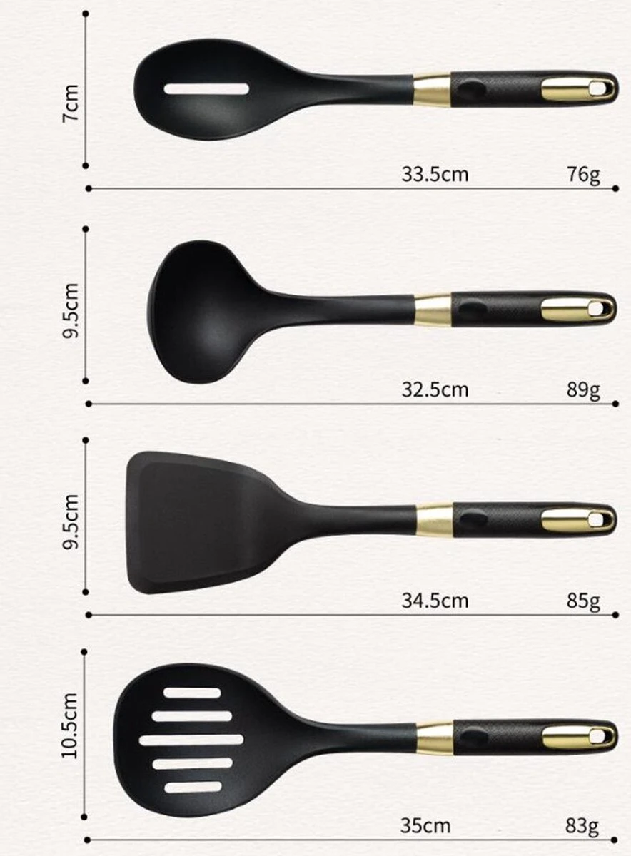 Levabe Zwart Gouden Keukengerei Set Met Houder 7 Delig - Hittebestendig - BPA Vrij - Koken - Nylon - Stainnless Steel - Keuken Gerei 6 Levabe Zwart Gouden Keukengerei Set Met Houder 7 Delig - Hittebestendig - BPA Vrij - Koken - Nylon - Stainnless Steel - Keuken Gerei - Afbeelding 6