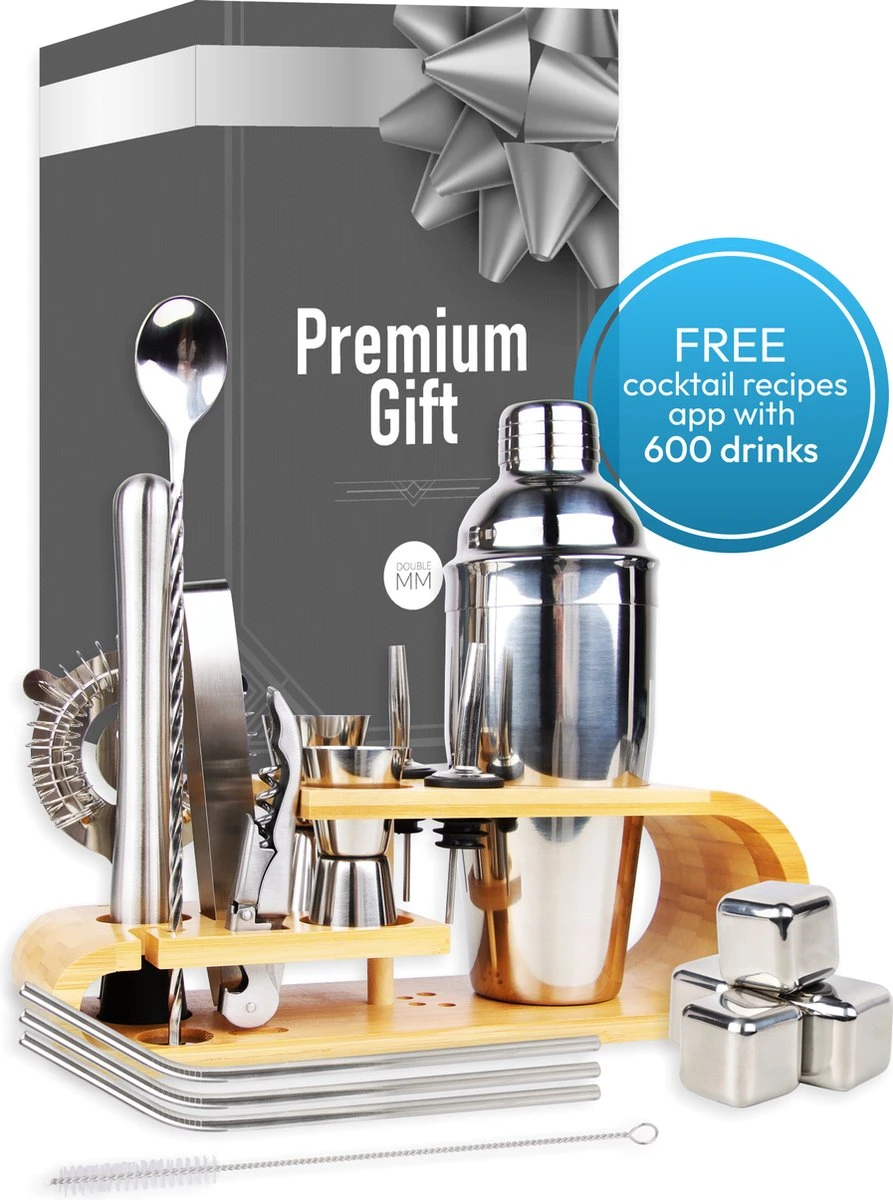 DoubleMM Cocktailset 18 Delig - Cocktail Shaker Set - Bartender - Inclusief Stamper, Rietjes, Stamper, Jigger En Herbruikbare Rvs Ijsblokjes - Plus Cocktail Recepten App 1 DoubleMM Cocktailset 18 Delig - Cocktail Shaker Set - Bartender - Inclusief Stamper, Rietjes, Stamper, Jigger En Herbruikbare Rvs Ijsblokjes - Plus Cocktail Recepten App