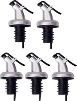 Luxe Schenktuit Set - Schenkdop Dispenser Voor Wijn/Azijn/Olijfolie/Sterke Drank/Likeur/Siroop/Cocktail/Olie - Wijnschenker - RVS Fles Dop Schenker Schenktuitje Maatschenker Trechter - Universeel - Lekvrij - Rubberen Afsluitring - Set Van 5 Stuks