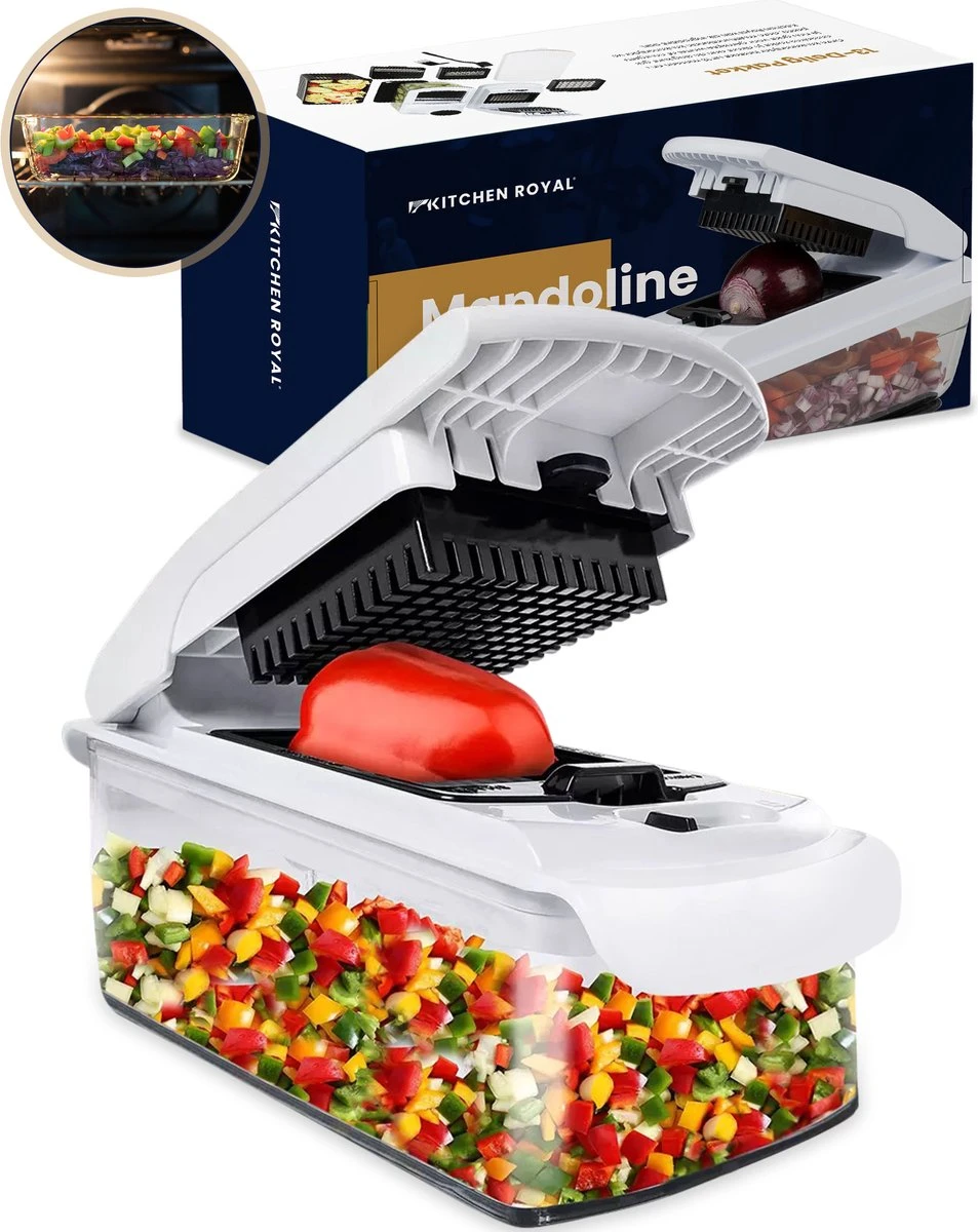 Groentesnijder 13 Delig Mandoline - Slicer Dicer Frietsnijder - Mandoline Keukensnijder Uiensnijder Met Ovenschaal - Kitchen Royal® 1 Groentesnijder 13 Delig Mandoline - Slicer Dicer Frietsnijder - Mandoline Keukensnijder Uiensnijder Met Ovenschaal - Kitchen Royal®