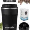 Mmoods Thermosbeker Voor Koffie En Thee 380ml - Koffiebeker To Go - Reisbeker Voor Auto - Herbruikbare Drinkfes Voor Warme En Koude Dranken - Ecologische Thermoskan Zwart Geschenk