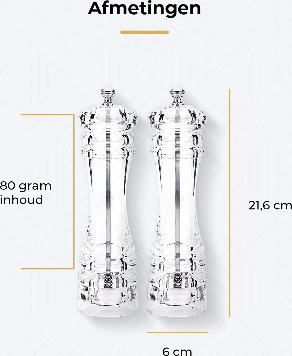 101Products Peper- & Zoutmolen Set - Acryl - Transparant - Verstelbare Maalgraad - Zeezout én Kruidenmixes 9 101Products Peper- & Zoutmolen Set - Acryl - Transparant - Verstelbare Maalgraad - Zeezout én Kruidenmixes - Afbeelding 9